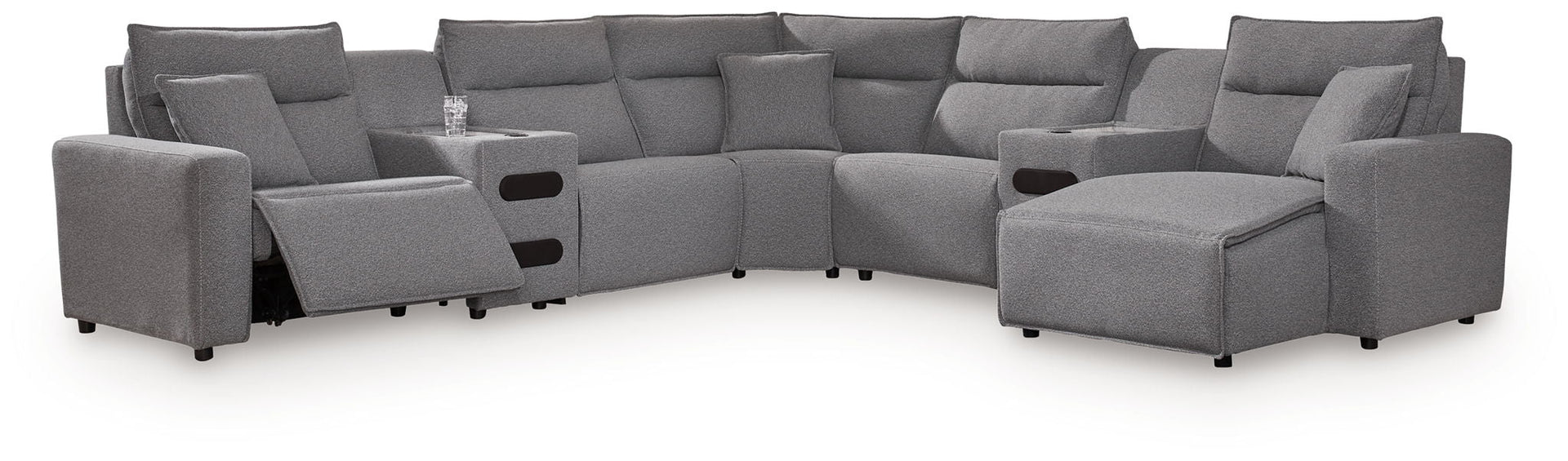 Modmax II - 7-Piece Power Reclining Sectional With RAF Press Back Power Chaise And Audio Consoles - Salt And Pepper