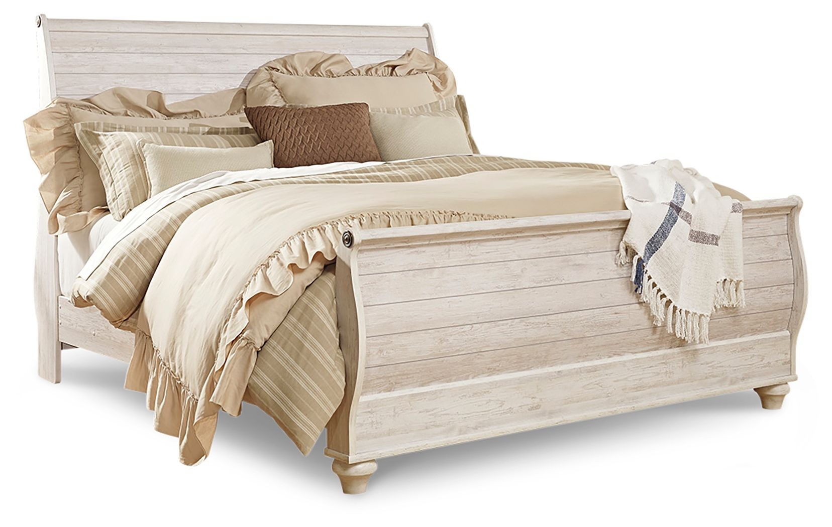 Willowton - King Sleigh Bed With Faux Plank Design - Whitewash