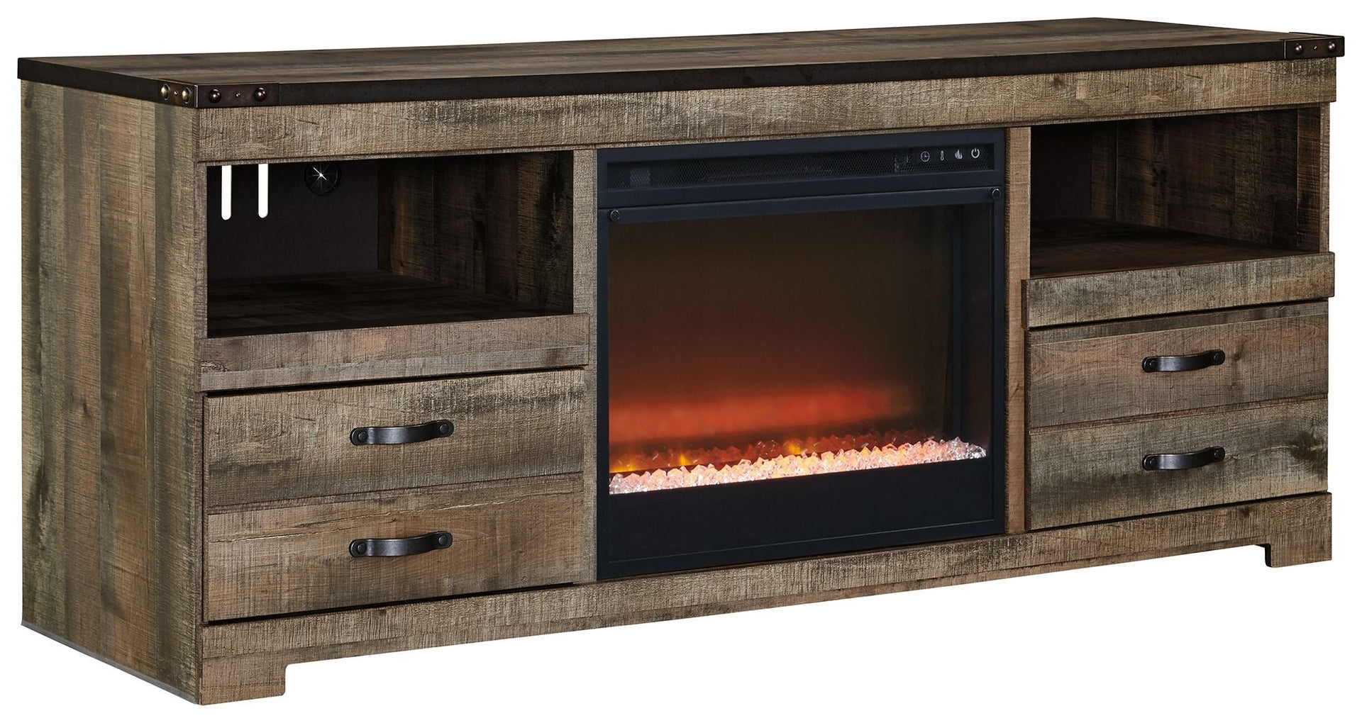 Trinell - 2 Pc. - 63" TV Stand With Fireplace Insert Glass/Stone - Brown