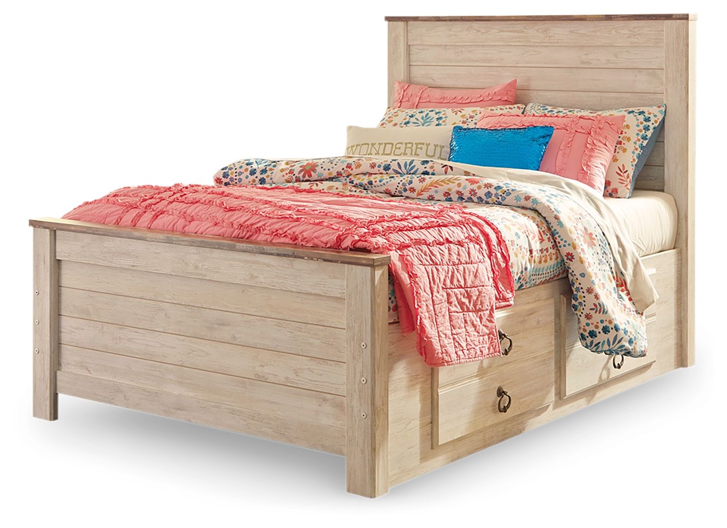 Willowton - Full Panel Bed With 2 Storage Drawers - Whitewash