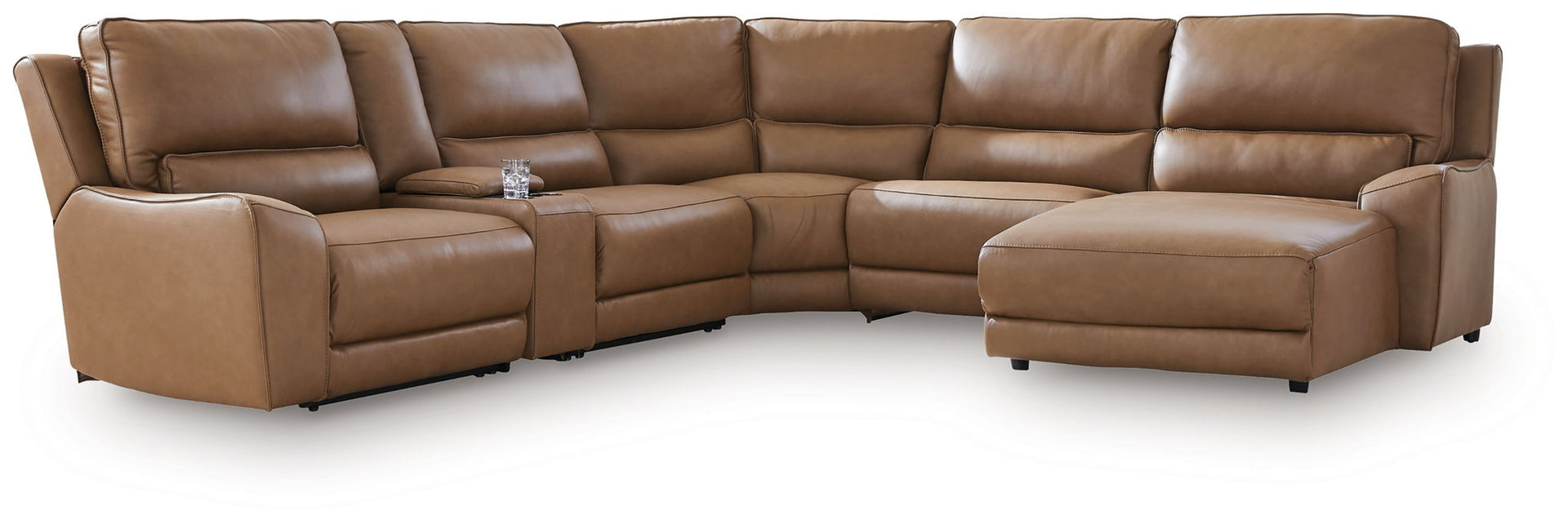 Silverbrooke - 6-Piece Power Reclining Sectional With RAF Press Back Power Chaise And Storage Console - Caramel