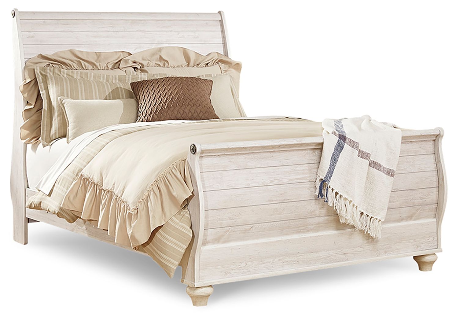 Willowton - Queen Sleigh Bed With Faux Plank Design - Whitewash