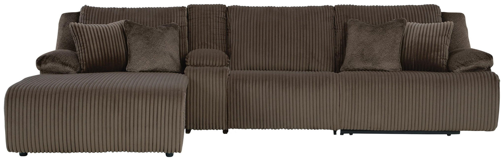 Top Tier - 4-Piece Reclining Sectional With Laf Press Back Chaise, Armless Chair And Storage Console - Chocolate