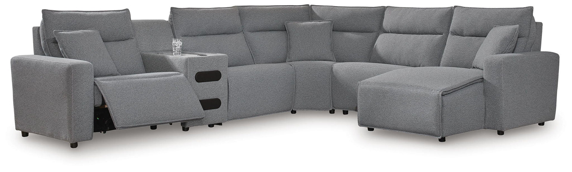 Modmax II - 6-Piece Power Reclining Sectional With RAF Press Back Power Chaise And Audio Console - Salt And Pepper
