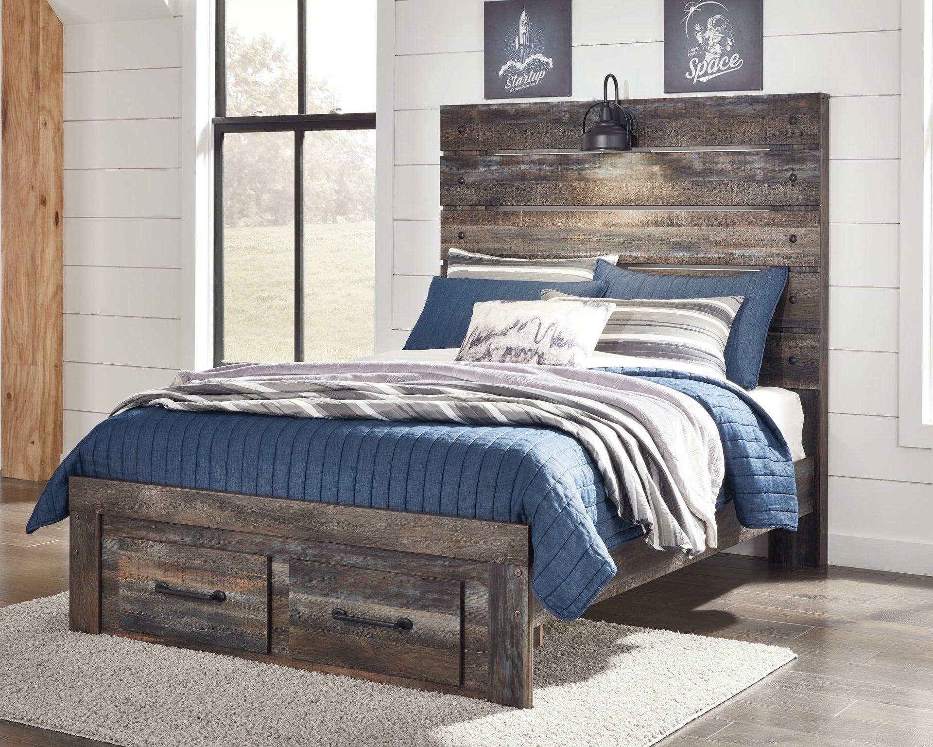 Drystan - Full Panel Bed With 2 Storage Drawers - Brown / Beige