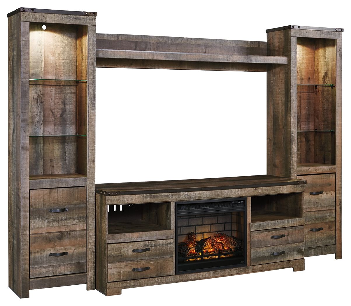 Trinell - 5 Pc. - Entertainment Center - 63" TV Stand With Faux Firebrick Fireplace Insert - Brown