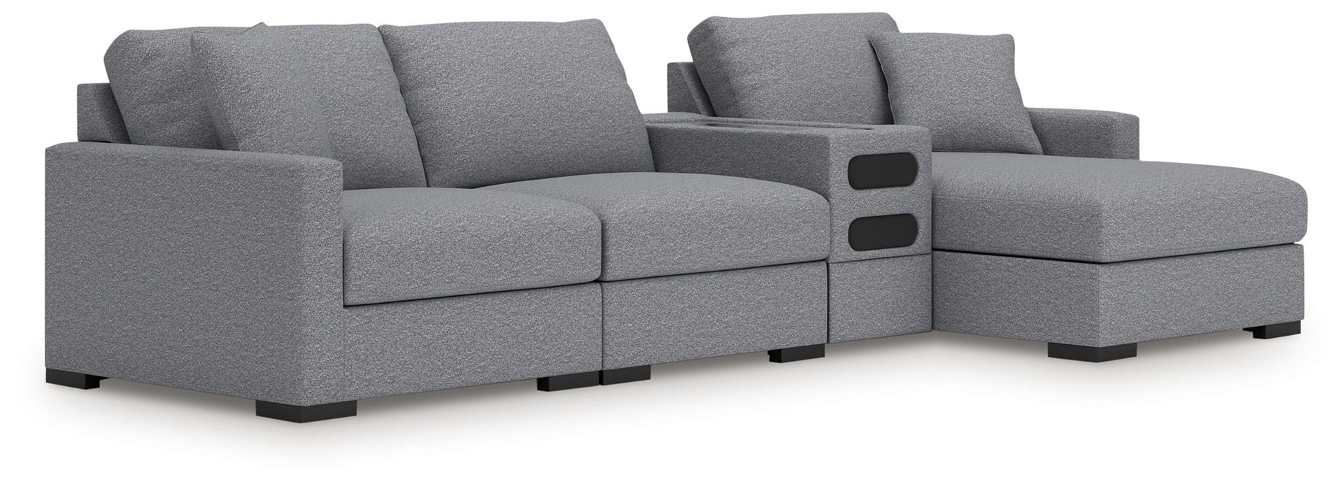 Omaha By Ashley - 4-Piece Sectional With RAF Corner Chaise And Audio Console - Salt And Pepper