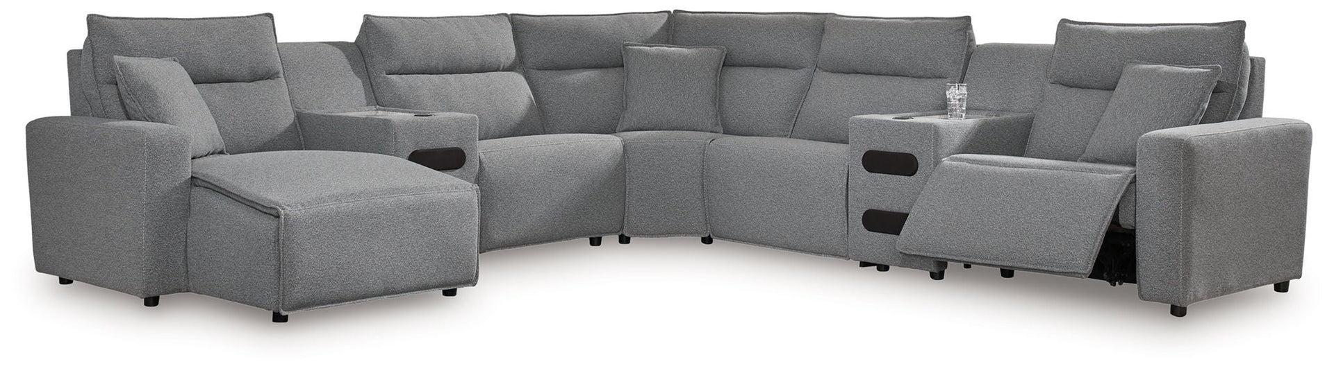 Modmax II - 7-Piece Power Reclining Sectional With LAF Press Back Power Chaise And Audio Consoles - Salt And Pepper