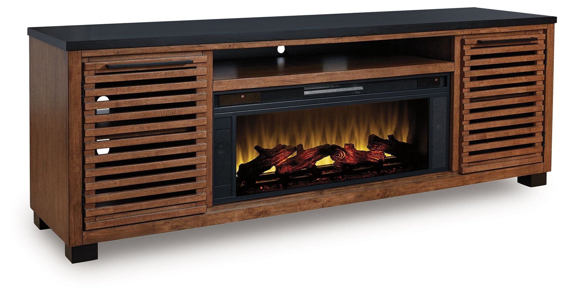 Kallari - 84" TV Stand With Electric Fireplace - Warm Brown / Black