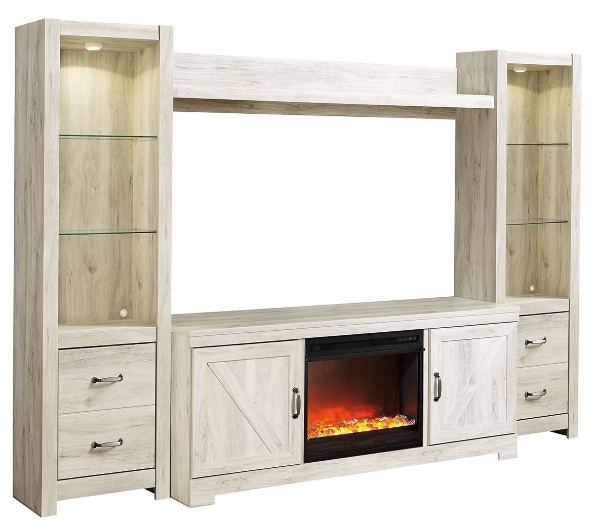 Bellaby - 5 Pc. - Entertainment Center - 63" TV Stand With Fireplace Insert Glass/Stone - Whitewash