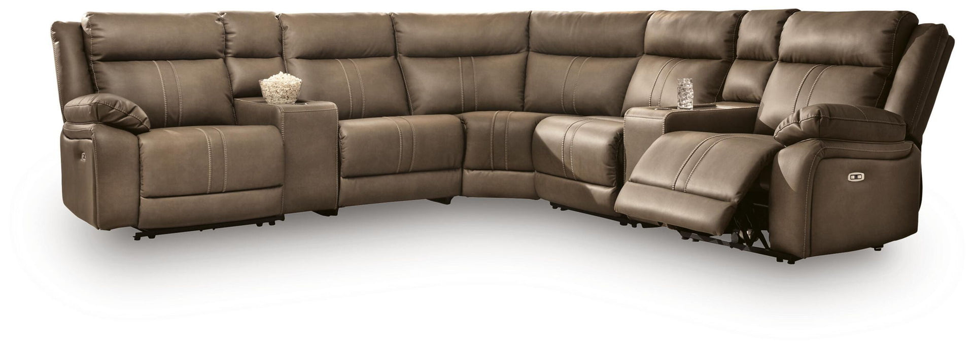 Max-Media - 7-Piece Power Reclining Sectional With 2 Armless Chairs And 2 Audio Consoles - Biscotti