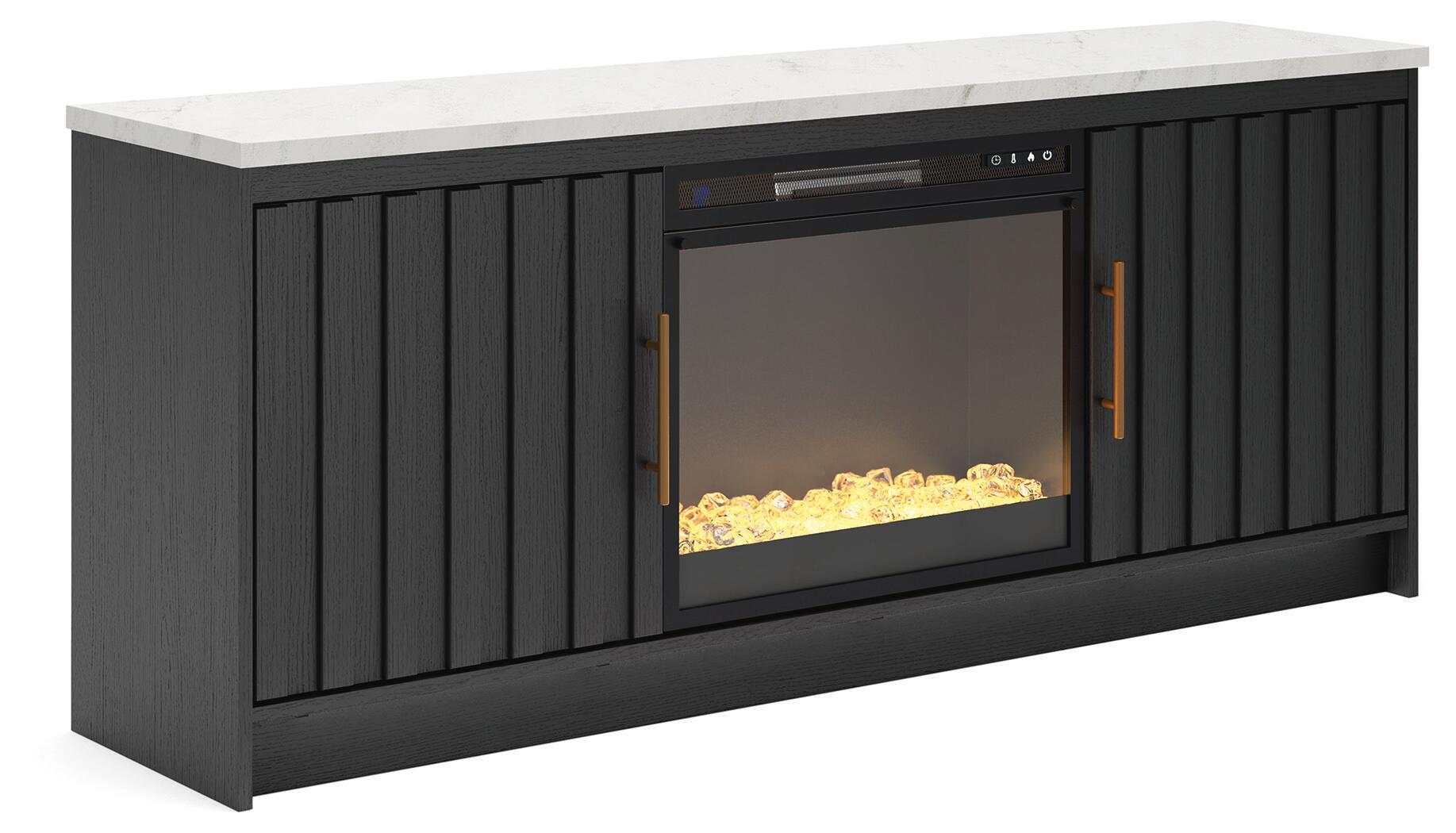 Cadmori - 63" TV Stand With Electric Fireplace Insert Glass/Stone - Black / White