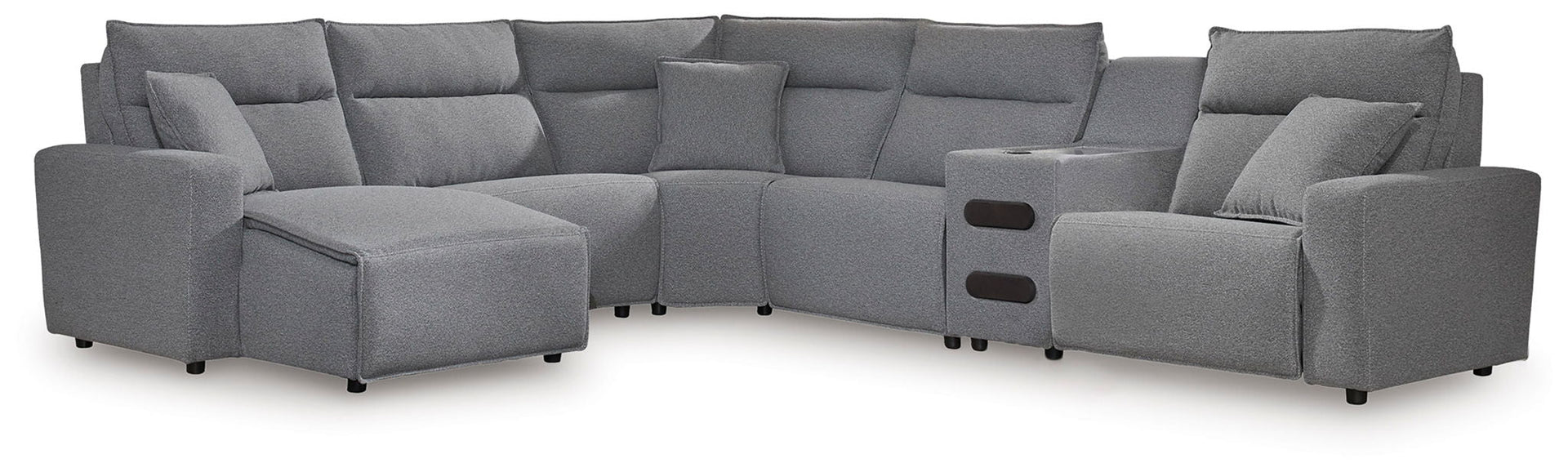 Modmax II - 6-Piece Power Reclining Sectional With LAF Press Back Power Chaise And Audio Console - Salt And Pepper