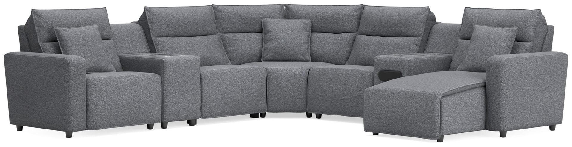 Modmax II - 7-Piece Power Reclining Sectional With RAF Press Back Power Chaise, Console And Audio System - Salt And Pepper