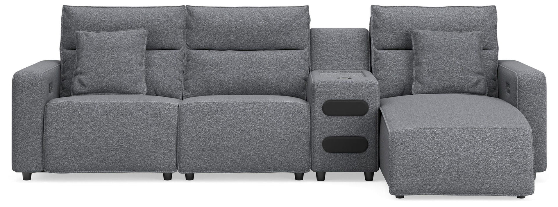 Modmax II - 4-Piece Power Reclining Sectional With RAF Press Back Power Chaise And Audio Console - Salt And Pepper