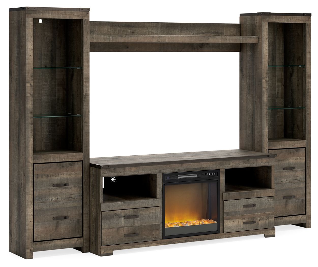 Trinell - 4-Piece Entertainment Center With 63" TV Stand And Glass/Stone Fireplace Insert - Brown