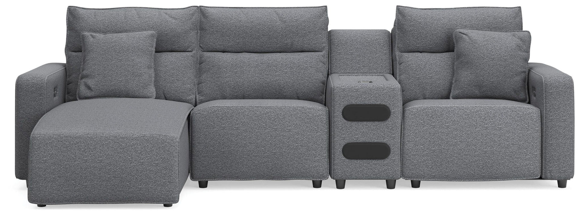 Modmax II - 4-Piece Power Reclining Sectional With LAF Press Back Power Chaise And Audio Console - Salt And Pepper