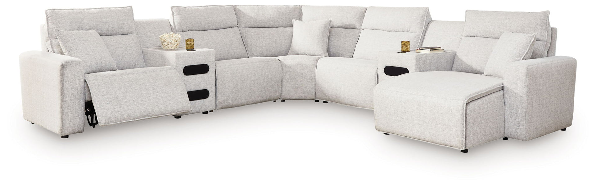 Modmax II - 7-Piece Power Reclining Sectional With RAF Press Back Power Chaise And Audio Consoles - Stone
