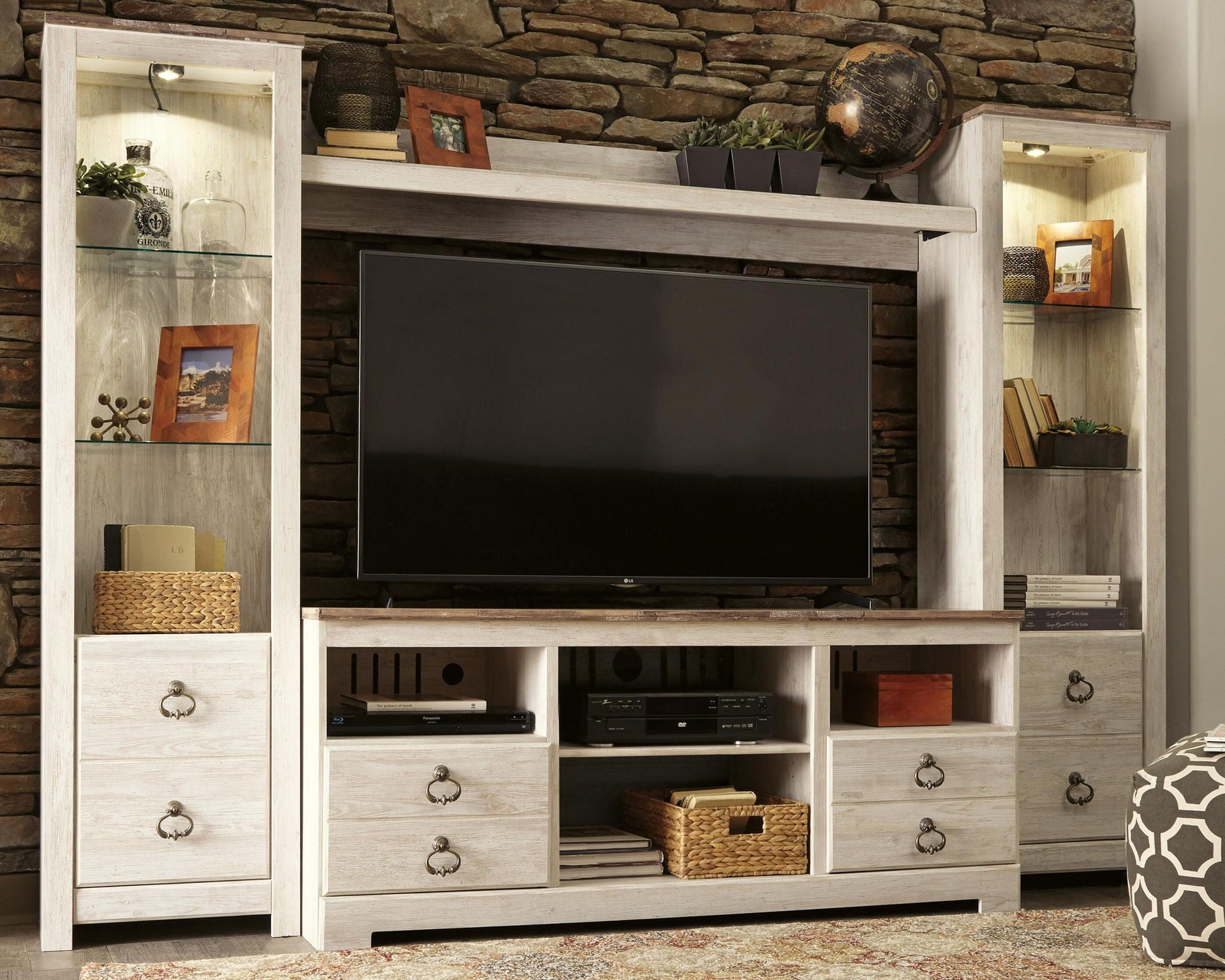 Willowton - 4 Pc. - Entertainment Center - 64" TV Stand With Fireplace Option - Whitewash