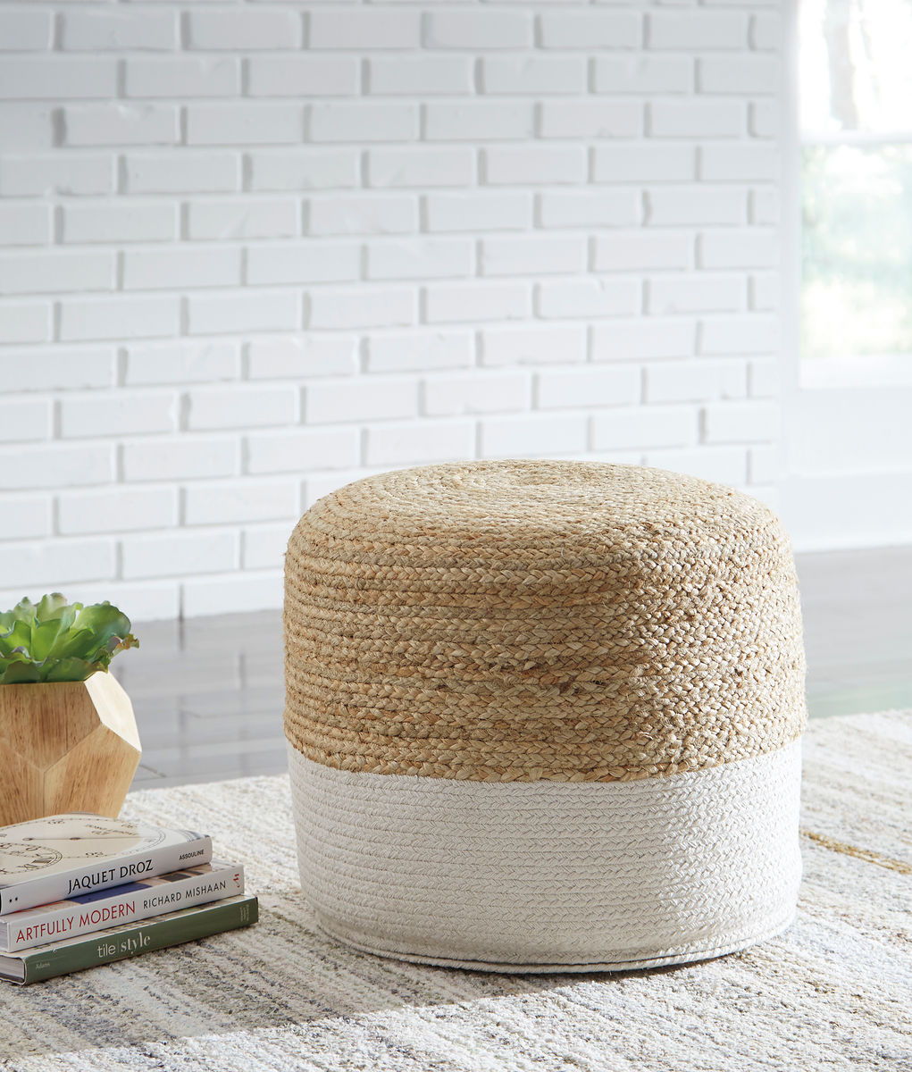 Sweed Valley- Natural/White Pouf - Ashley shop at  Furniture