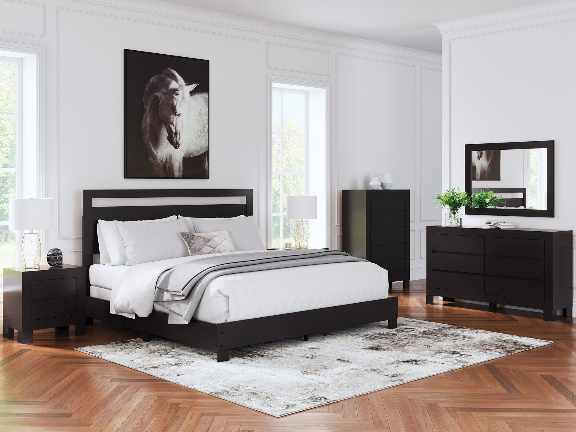 Kasteiner Queen Bed with Mirrored Dresser Nightstand and Chest